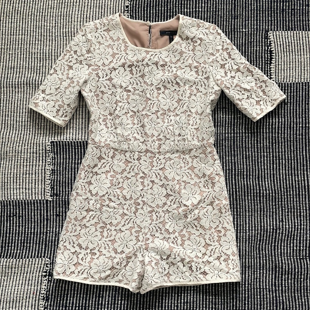 BCBG MaxAzria Ivory Lace Romper with pockets